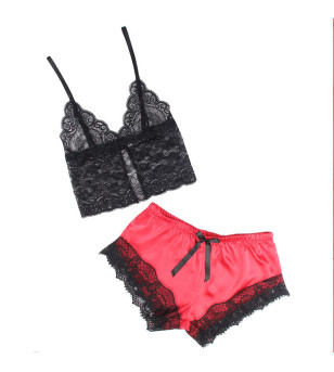 SUBBLIME - 953959 CHEMISE DE NUIT DÉCONTRACTÉE EN SOIE + PANTALON EN DENTELLE NOIR/ROUGE S/M