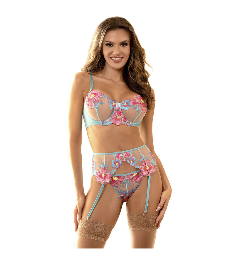 SUBBLIME - 954116 SOUTIEN-GORGE + CULOTTE AVEC PORTE-JARRETELLES MOTIF FLORAL BLEU L/XL