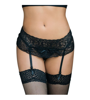 QUEEN LINGERIE - JARRETIÈRE ET STRING MOTIF FLORAL NOIR S/M