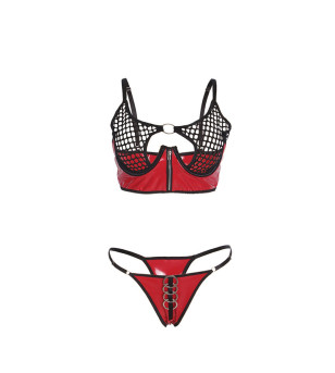 SUBBLIME - 955540 ENSEMBLE SOUTIEN-GORGE À FERMETURE ÉCLAIR EN CUIR VERNI ROUGE L/XL