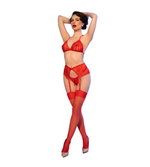 CHILIROSE - CR 4848 ENSEMBLE SOUTIEN-GORGE + STRING + BAS EN DENTELLE ROUGE XL