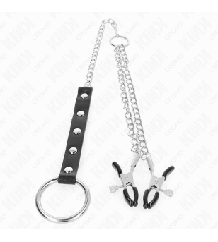 KINK - ANNEAU PÉNIS EN MÉTAL AVEC CHAÎNE ET PINCES À MAMELON RÉGLABLES
