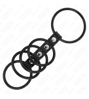 KINK - 5 ANNEAUX PÉNIS EN SILICONE DE 3,8 CM À 4,8 CM CONNECTÉS PAR DU CUIR