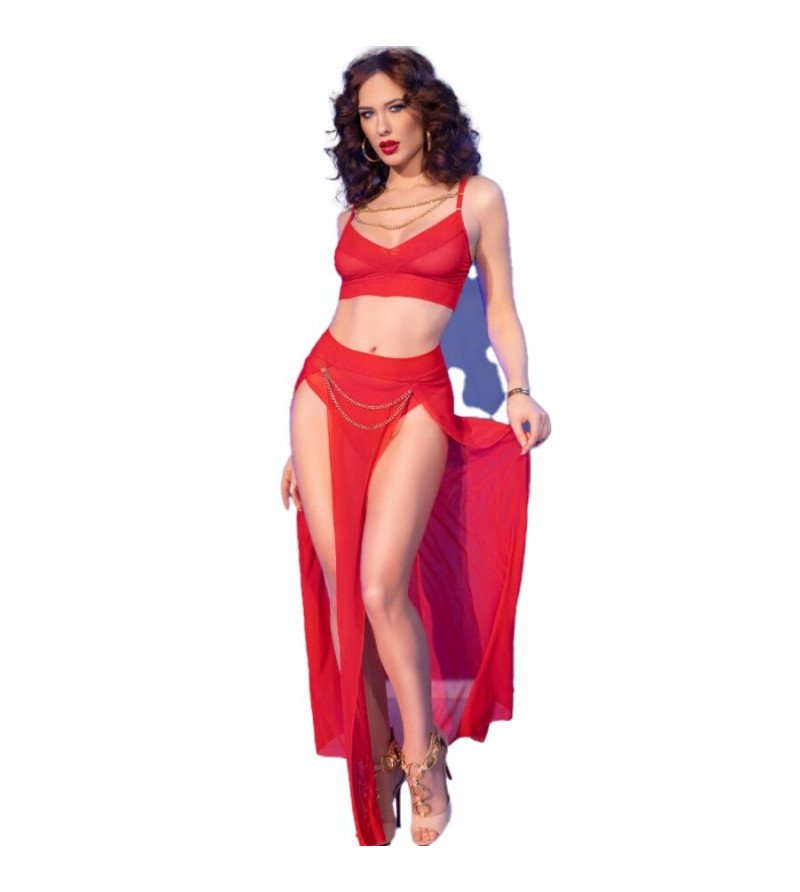 CHILIROSE - CR 4850 ENSEMBLE TOP ET LEGGINGS ROUGE AVEC ACCESSOIRES DORÉS XL