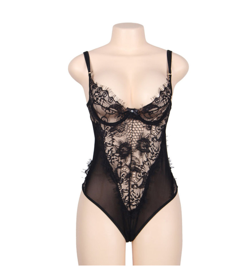 SUBBLIME - QUEEN PLUS DENTELLE FLORALE ET TEDDY NOIR  FRANGES